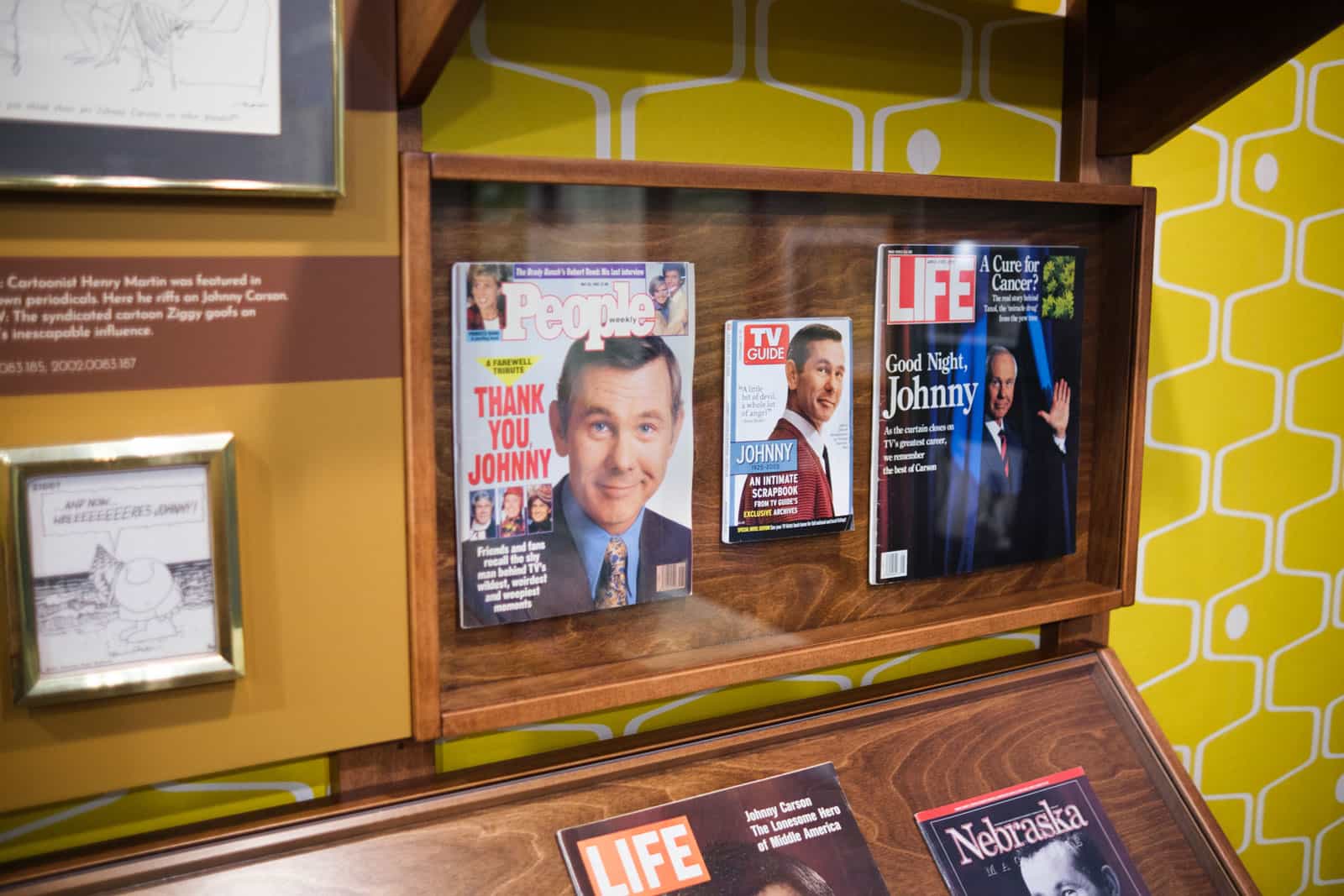 A close-up detail of the magazine display at the Johnny Carson exhibit in Norfolk, Nebraska.