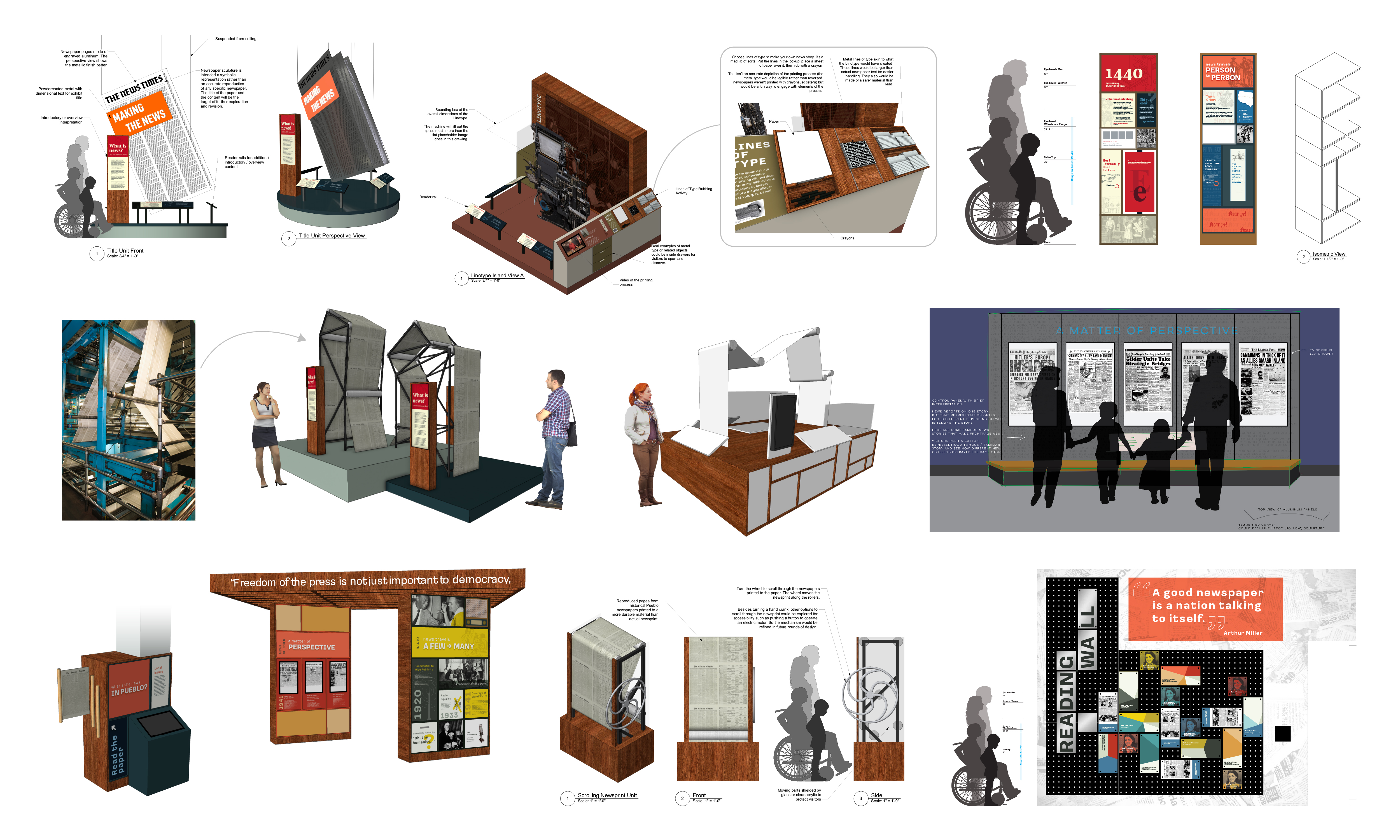 A collage of early sketches for various exhibit components.