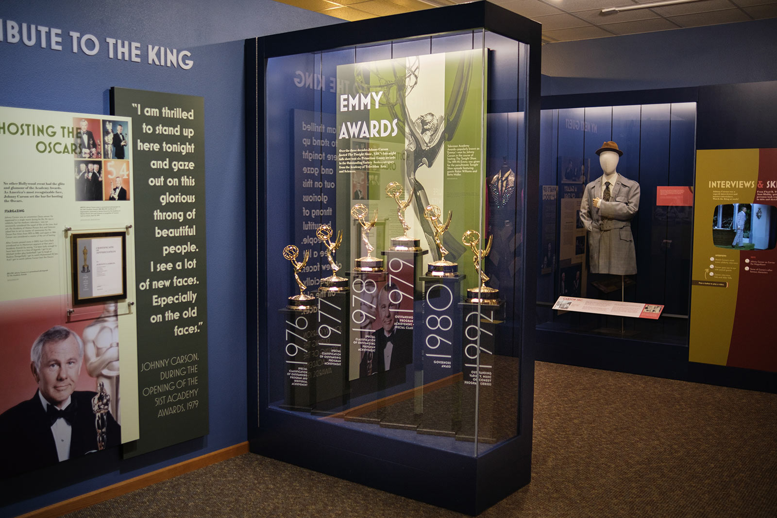 Upland Exhibits Cuesta Case displaying Johnny Carson's Emmy Awards.