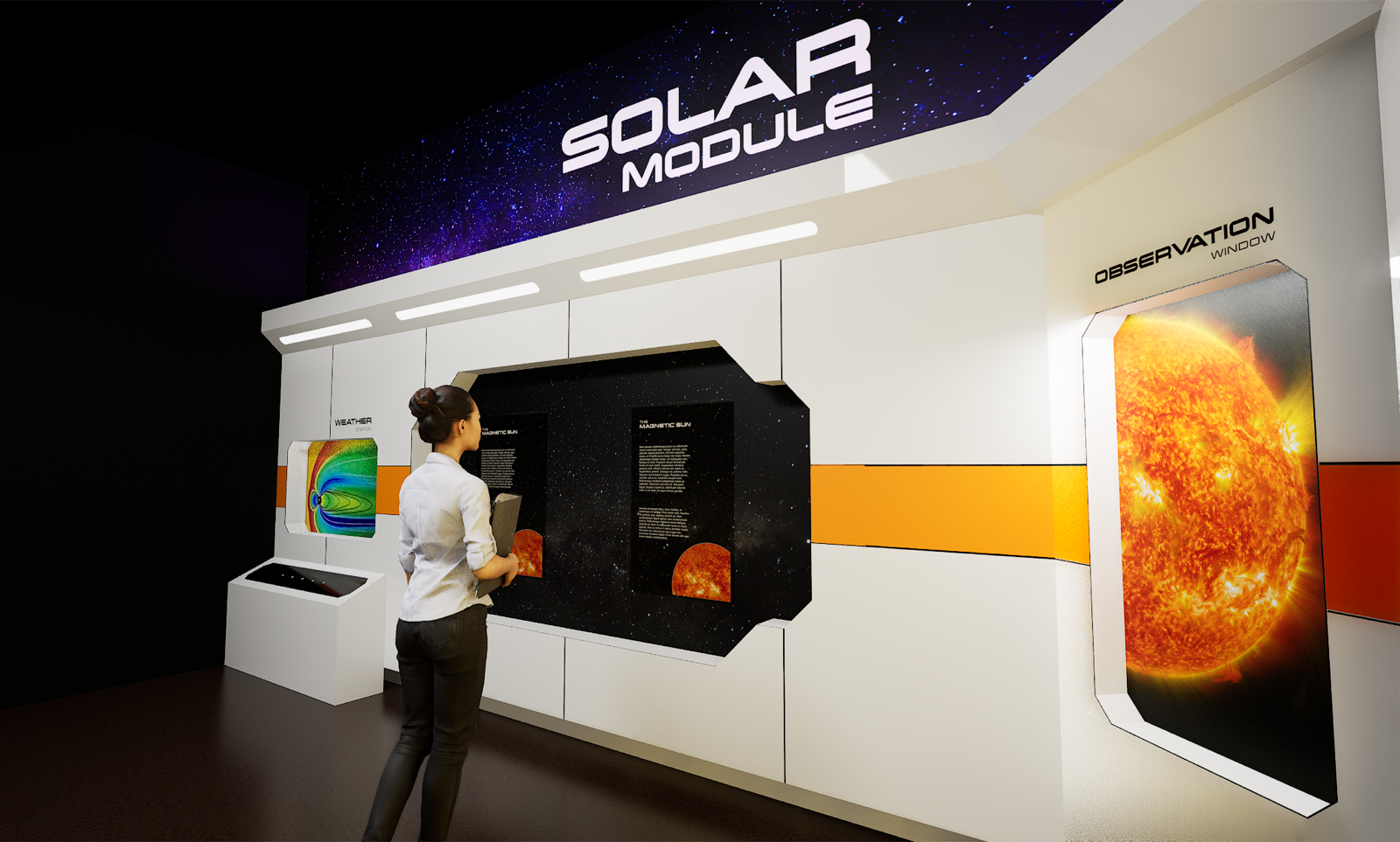 Solar module space station exhibit display rendering Upland Exhibits